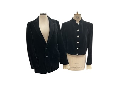 Lot 2569 - Men's Highland dress consisting of short black velvet jacket , longer black velvet jacket, two sporrans, kilt, socks