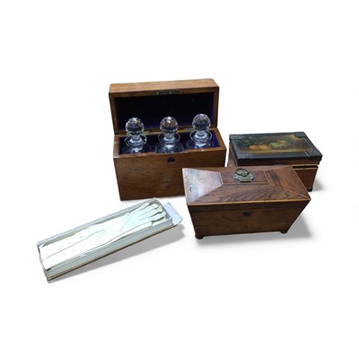 Lot 5094 - Boxed set of glass decanters in a oak box, a mahogany tea caddy, and others