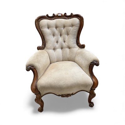 Lot 5364 - Victorian carved rosewood framed easy chair with buttoned corduroy upholstery on cabriole legs