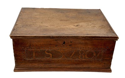Lot 1271 - Early 19th century elm Bible box, carved and dated 1807, of East Devon origin