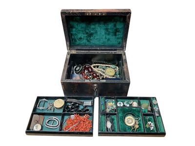 Lot 256 - Victorian leather covered jewellery box containing 19th century and later jewellery