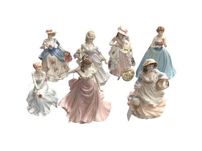 Lot 2349 - Set of four limited edition Coalport Cries of London figures - Lavender Sweet Lavender, Strawberries Scarlet Strawberries, The Flower Seller and Milkmaid, together with three othe Coalport figur...