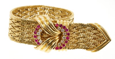 Lot 463 - 1960s Kutchinsky 18ct gold ruby and diamond bracelet with 'buckle' clasp