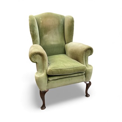 Lot 5366 - 19th century wing chair of good proportions with pale green velvet upholstery on carved cabriole legs with shell carved knees