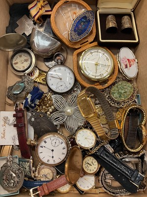 Lot 954 - Antique silver pocket watch, Waltham gold plated full hunter pocket watch, various vintage watches and costume jewellery