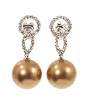 Lot 495 - Pair of cultured pearl and diamond earrings