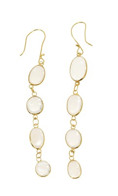 Lot 496 - Pair yellow metal and moonstone pendant earrings