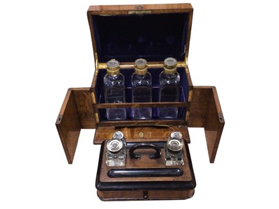 Lot 5111 - Victorian decanter box with three glass flasks and lot sundries