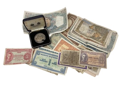 Lot 496 - World - Mixed coins, banknotes & silver medallion, commemorating H.M. Yacht Britannia 1954-1975 (N.B. Cased) (Qty)