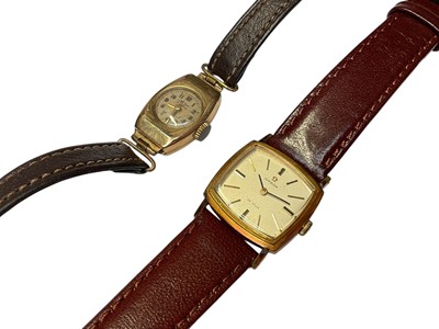Lot 265 - Omega De Ville gold plated stainless steel square dial wristwatch and vintage 9ct gold cased ladies wristwatch, both on replacement leather straps