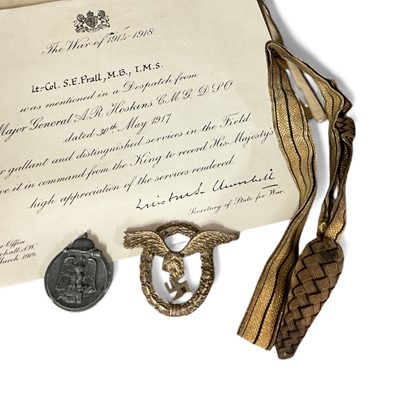 Lot 780 - First World War Mentioned in Despatches citation named to Lt. Col. S. E Prall, M.B. I.M.S. Dated 30th May 1917, together with a bullion work sword knot and two Nazi German awards.