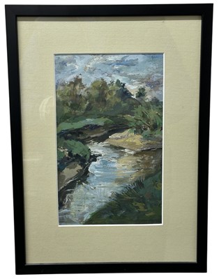 Lot 156 - English School, 20th century, gouache on paper - River Landscape, 23.5cmx 14.5cm, in glazed frame