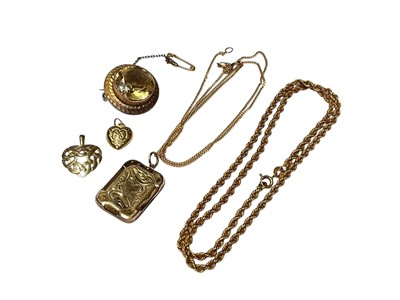 Lot 270 - 9ct gold locket on 9ct gold chain, two 9ct gold heart shaped pendants, 9ct gold rope twist chain and a citrine brooch in yellow metal mount