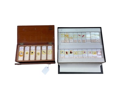 Lot 2996 - Collection of various microscope slides to include a set in mahogany case stamped J. B. Medland, a set in box captioned 'Histology 1911', and another in a glazed frame.