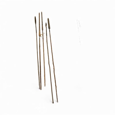 Lot 830 - Group of five Zulu war spears on wooden shafts.