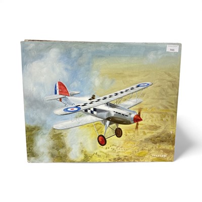 Lot 783 - Oil on canvas study of a 1920's / 30's biplane, together with two aircraft prints on canvas, (3).