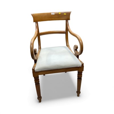 Lot 5387 - Regency mahogany bar back elbow chair with scroll arms on turned reeded legs