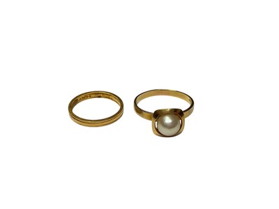 Lot 281 - 22ct gold wedding ring, size N and a cultured pearl single stone ring in yellow metal setting marked '750', size U½