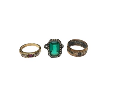 Lot 282 - 9ct gold gem set ring, 9ct yellow and white gold wedding ring and a synthetic green stone ring set in silver and 9ct gold (3)