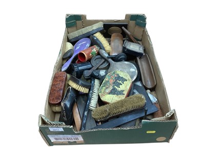 Lot 3011 - Group of sundry items to include a silver mounted perpetual calendar, silver backed hand mirror, clothes brushes and other items, (1 box).