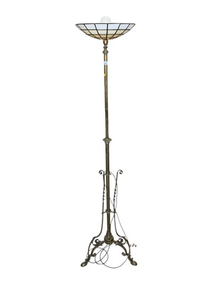 Lot 5393 - Edwardian brass adjustable lamp standard with uplighter leaded stained glass shade