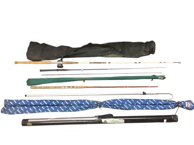 Lot 3012 - Group of assorted fishing tackle to include rods in bags, some reels and other items.