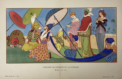Lot 171 - Gazette du BonTon Pochoir 'L'Encens, Le Cinname et La Myrrhe, Robes du Soir', Plate 1 Vol 1 Christmas 1913-1914, vertical fold as issued