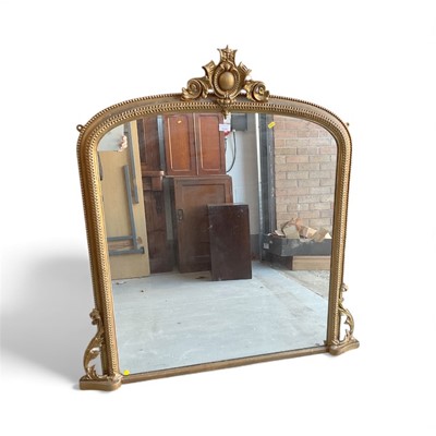 Lot 5398 - Victorian gilt framed overmantel mirror with scroll mount 122cm high x 120cm wide