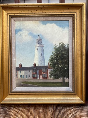 Lot 5274 - Edna King , two oils on canvas, 'Souhwod Lighthouse' and 'Sunset over Walberswick' , framed and two other local watercolours by Alan Coleman, framed (4)