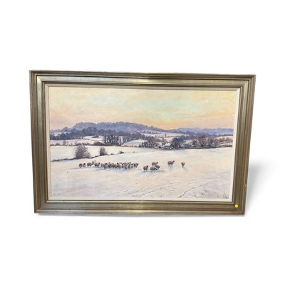 Lot 5271 - Mervyn Goode, oil on canvas, snowy landscape with sheep in frame, signed 79 x 116 cm