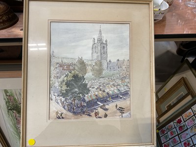 Lot 5281 - John P. Arnold 1955, pen and wash, Norwich market in glazed frame and collection of watercolours and decorative pictures