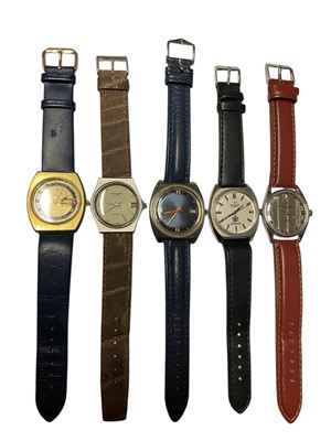 Lot 308 - Five vintage wristwatches on leather straps to include a 1970s Wittnauer automatic gold plated watch, Favre-Leuba automatic, MuDu automatic, Technos 'Goldshield' and Henri Sandoz & Fils
