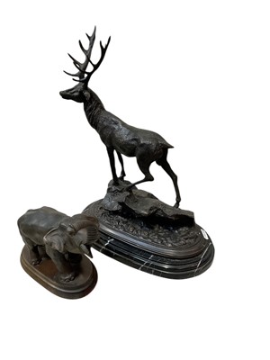 Lot 5128 - Bronze figure of a stag on marble base and resin madel of an elephant (2)