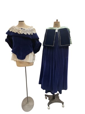 Lot 2572 - Post Civil War late 17th century costume professionally made consisting of Womens blue velvet bodice, skirt and tasset. Plus chemise, under-petticoat and petticoat.