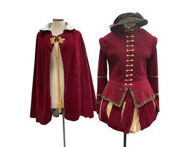 Lot 2573 - Tudor / Civil War re-enactment costume professionally made, men's split sleeve doublet, padded trunk hose and clock in red velvet plus hat. Also wool men's dublet and breeches.