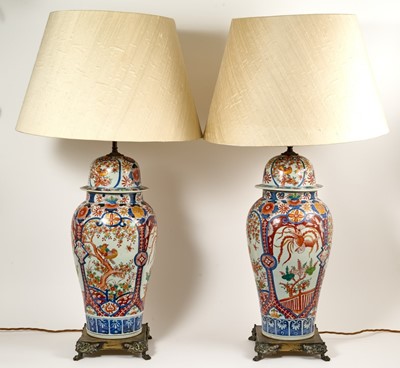 Lot 24 - Pair of Japanese Imari table lamps with shades