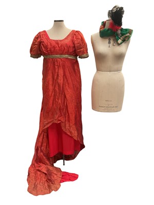 Lot 2574 - Regency c.1800 costume professionally made, ladies gown with train, under dress and feather plume hat.
