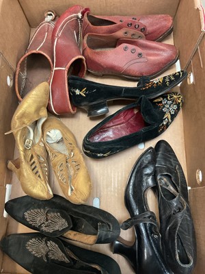 Lot 2575 - Small group of Edwardian shoes plus a pair of children's clogs and a pair of 19th century hinged wooden shoe pattens.