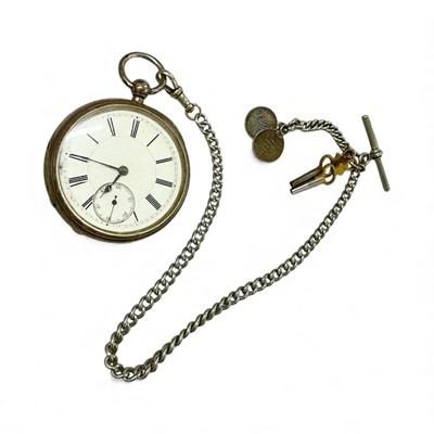 Lot 794 - Naval interest- Victorian silver open faced pocket watch with white enamel dial, (Chester 1888), engraved to the interior "M. J. Sranlan H.M.S. Furious 1906", together with a silver Albert chain...