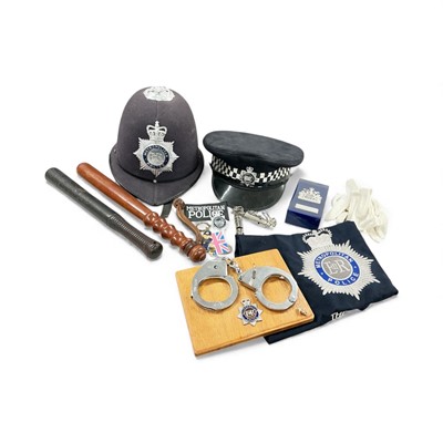 Lot 793 - William IV truncheon with painted crown and W. R. Cypher, together with another truncheon, together with two Metropolitan Police hats and other Police items, (1 box)