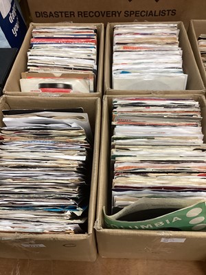 Lot 2722 - Four boxes of single records with centres removed for use on jukebox. All of these boxes appear to have the title strips in the sleeves with the artist, A side and B side indicated. Singles rang...