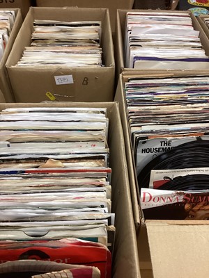 Lot 2723 - Four boxes of single records with centres removed for use on jukebox. Three boxes appear to have the title strips in the sleeves with the artist, A side and B side indicated. Singles range from...