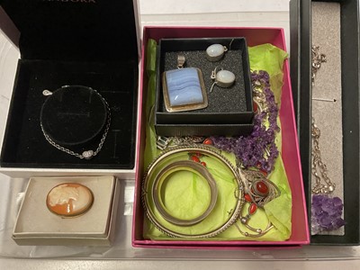 Lot 316 - 1970s silver bangle, Pandora silver pave heart bracelet in box and other silver and gem set jewellery