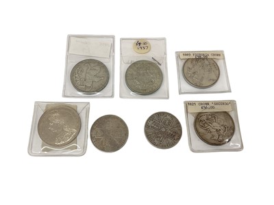 Lot 517 - G.B. - Mixed silver coinage to include Crowns Victoria JH 1887 GEF, 1889 GF, George IIII 1821 (N.B. Ex mounts @ 12 o'clock) otherwise AVF, George V 1935 (N.B. Dig in Obv: Field) otherwise AEF, G...