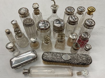 Lot 941 - Collection of mostly silver mounted glass perfume bottles, jars etc and a silver backed brush