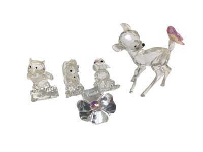 Lot 2383 - Swarovski Crystal Disney Bambi with butterfly on tail, Thumper, Flower, Friend Owl and plaque, all boxed (5)