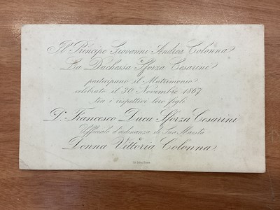 Lot 1267 - Rare Italian Noble wedding invitation, Caroline Shirley, Duchess Sforza Cesarine and Principe Giovanni Andrew Colonna requesting the presence to the marriage of Francesco Luca Sforza Cesarini to...