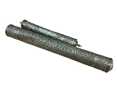 Lot 3091 - Late Victorian Indian white metal scroll holder, with foliate decoration and engraved presentation inscription "To Surg. Capt. S. E. Prall M.B. By Students Grant Medical College Bombay 1897" tog...