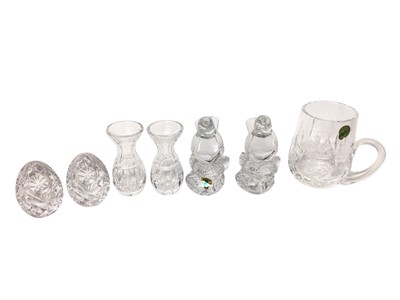 Lot 2400 - Pair of Waterford Crystal Bud vases, 10cm high and one, together with a pair of egg ornaments, pair of Robins and a mug