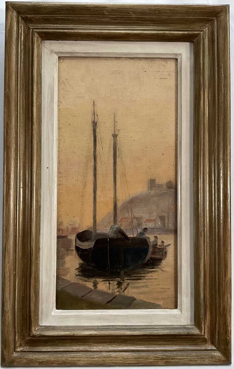 Lot 34 - English School oil on board, harbour scene, 34.5cm x 16.5cm, framed